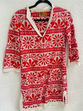 Tory Burch White Tunic with Bright Red Floral Embroidery